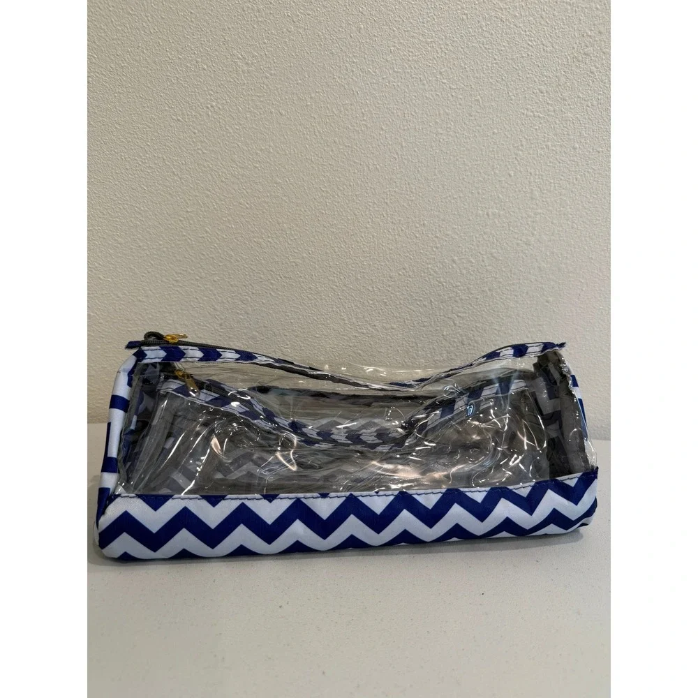 Navy Blue White Chevron Clear Toiletry Bag Set 4 Piece Travel Cosmetic Pouches